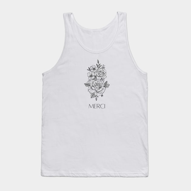 Merci - Thank you French Minimalist Print with Flowers Tank Top by From Mars